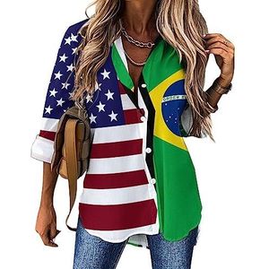 Amerikaanse en Braziliaanse vlag dames button-down shirts lange mouwen jurk shirt V-hals blouses tops