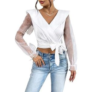 dames topjes Contrasterende mesh flare-mouwen geknoopte crop-blouse aan de zijkant - Elegante top met lange mouwen en V-hals (Color : Beige, Size : L)