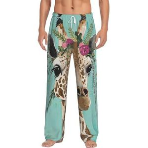 Giraf met bloemen mannen lange lounge wear broek nachtkleding pyjama broek nachtkleding met zakken en trekkoord, Wit, L