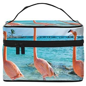 VOZITI Roze flamingo op het strand draagbare make-up tas grote reizen cosmetische tas tas tas clutch organizer met handvat voor meisjes vrouwen, zwart, één maat, Zwart, Eén maat