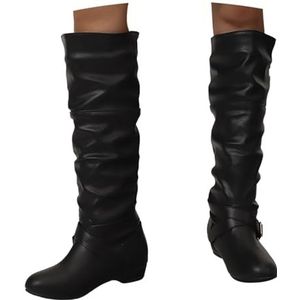 Winter Hoge Laarzen Met Metalen Gesp Britse Stijl Laarzen Met Lange Schacht Warm Gevoerde Sneeuwlaarzen PU Leren Rijlaarzen Met Lage Hak Plus Size Enkelschoenen(Black,43 EU)