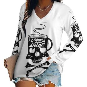 Ingeblikte schedel koffiekop vrouwen casual T-shirts met lange mouwen V-hals gedrukte grafische blouses Tee Tops 4XL