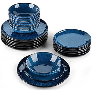 vancasso Starry dinerset vintage look keramisch blauwe 24-delige aardewerk set met 28 x 28 x 2,5 cm (11 in) dinerbord, 21 x 21 x 2,5 cm (8 in) dessertbord en 17,5 x 17,5 x 5,5 cm (7 in) kom, servies voor 8