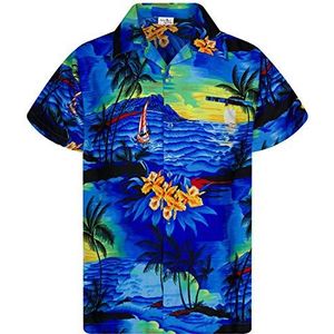 King Kameha Hawaïhemd voor heren, funky hemd met korte mouwen en borstzakje, met surfprint, surfblauw., 4XL