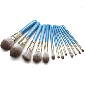 MQPALZKD 13 blauwe make-upborstelset, Granny make-uptool met grijs massief houten handvat, hoogwaardige blauwe schoonheidsborstel
