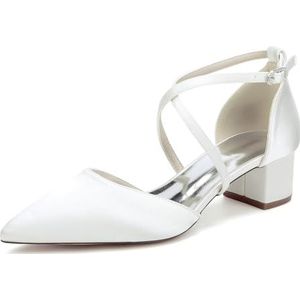 GHSIRUEU Damessatijn Jurk Schoenen Gesloten Teen 1.77 Inch Hakken Cross Strap Pompen Bruiloft Prom Party Avond Formele Schoenen,ivoor,35 EU