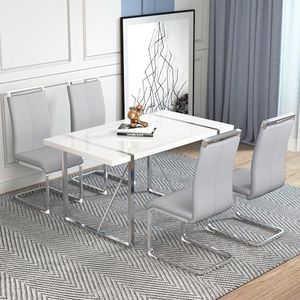 lulalula Moderne eetkamerstoelen, set van 4, verchroomd metalen frame, eenvoudige en elegante stoel, waterdichte stoel, rugleuning van PU-leer, lichtgrijs
