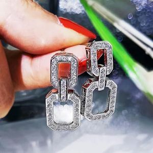 925 Zilveren Luxe Juwelenreeksen Geometrische Twee Vierkante Holle Kristal Halsketting Ring Oorbellen Voor Vrouwen Huwelijk Reeksen