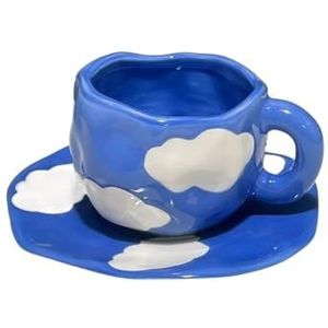 Kop en schotel set handgeschilderd The Blue Sky en White Clouds koffiekop met schotel keramische handgemaakte theekop schotel set schattig cadeau voor haar theekop en schotels (maat: 200-400 ml,
