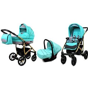 BabyLux Largo 3 in 1 Baby Reis Systeem Kinderwagen Autostoel Afneembare Regenhoes Voetenzak Dragende Wielen Pasgeborene tot Baby Mint Gold Frame