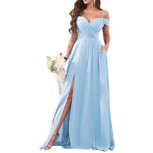 Dames chiffon bruidsmeisjes jurken met split lange galajurken ruches cocktailjurk plus size, Lichtblauw, 32