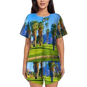 Palm Tree Golfbaan Print Dames Zomer Zachte Tweedelige Bijpassende Outfits Korte Mouw Pyjama Lounge Pyjama Sets, Zwart, M
