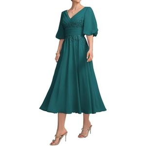 HPPEE Damesjurk voor dames, lange jurk voor moeder van de bruid met kant, applicatie, pofmouwen, chiffon, formele avondjurk, Pauw, 32