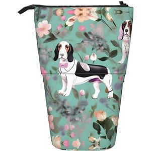 Nbtghga Sweet Basset Hound Bloemen Print Potlood Telescopische Klassieke Kunsten Stand Up Potlood Case Organizer Potlood Houder Make-up Tas Gift, Zwart, Eén maat