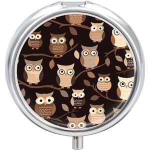 Leuke Bruin Cartoon Uilen Pil Doos Leuke Ronde Pil Case Draagbare Geneeskunde Tablet Vitamine Houder Organizer voor Purse Pocket