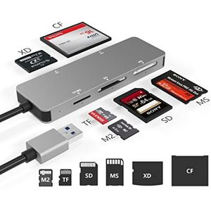 USB3.0 - Geheugenkaartlezer - Aluminium - 6 in 1 - Compatibel met TF/SD/MS/M2/XD/CF