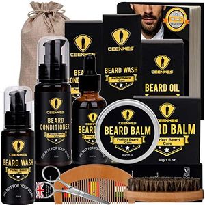 Baardverzorgingsset, 9-in-1 baardverzorgingsset, baardshampoo, baardolie, baardbalsem voor baardverzorging, baardborstel, baardkam, baardschaar, baardsjabloon, perfect cadeau voor mannen