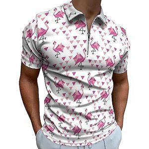 Geometrische Origami Flamingo Polo Shirt voor Mannen Casual Rits Kraag T-shirts Golf Tops Slim Fit