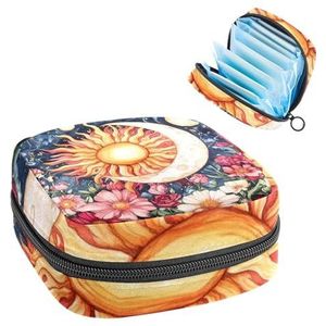 Aquarel zon en maan op bloemen achtergrond maandverband opbergtas grote menstruatie cup zakje met rits, menstruatie pads tas winkel panty voeringen tampons voor meisjes vrouwen