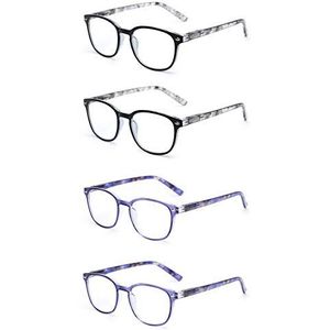 JM Leesbril Set van 4 Kwaliteit Veerscharnier Lezers Heren Dames Brillen om te Lezen +2.0 2 Stuks Grijs en 2 Stuks Blauw