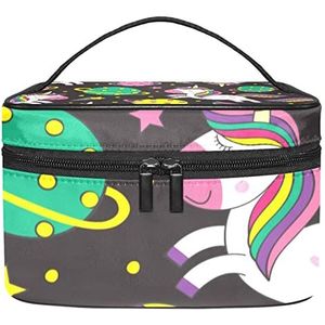 Shy Happy Unicorn Kleurrijke Planeet Roze Zwarte Make-up Organizer Bag, Reizen Make-up Tas Organizer Case Draagbare Cosmetische Tas voor Vrouwen en Meisjes Toiletartikelen, Meerkleurig, 22.5x15x13.8cm/8.9x5.9x5.4in