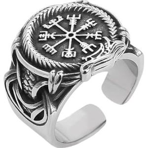 Viking Vegvisir Ring Voor Mannen - Noords Kompas Ouroboros RVS Open Ring - Gothic Punk Vintage Celtic Dragon Animal Amulet Ring Pagan Sieraden (Color : Silver, Size : 13)
