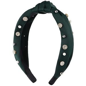 Fashion Luxury Jeweled comfortabele zachte stof top knoop parels knopen hoofdband versierd top haarband parel strass breedte rand (donkergroen)