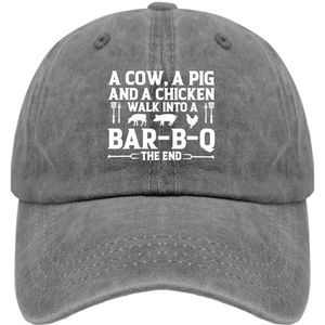 TKPA MOL Baseballpet, een koe, een varken en een kip lopen in een bar, B Q het einde BBQ truckerhoeden voor mannen, grafisch gewassen denim verstelbaar, Pigment Grijs, Eén Maat