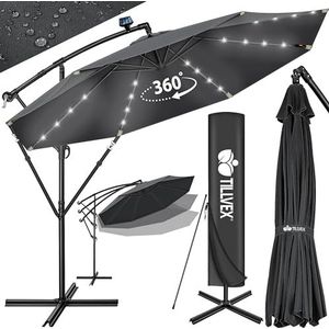 tillvex Zweefparasol Aluminium met LED Solar Ø 350 cm + Zwengel + Hoes + Windbescherming | Parasol met Standaard | Tuinparasol UV-bescherming | Waterdichte Draaiparasol Marktscherm