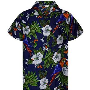 King Kameha Funky Hawaïhemd voor kinderen, jongens en meisjes, korte mouwen, voorzak, Hawaii-print, uniseks, kersenbloesem, papegaai patroon, Kids Cherryparrot Navyblauw, 8 Jaar