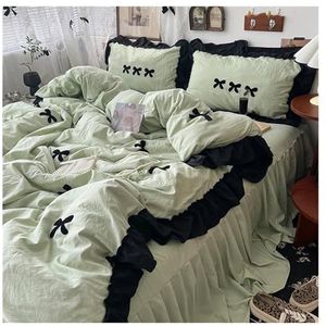 Kanten rand beddengoed dekbedovertrek, Prinsessenstijl Meisjes Ruffle Beddengoedset Multicolor Meerdere Maten Pakket Van 3 Of 4(Green,1.8X2m Bedskirt 4pcs)