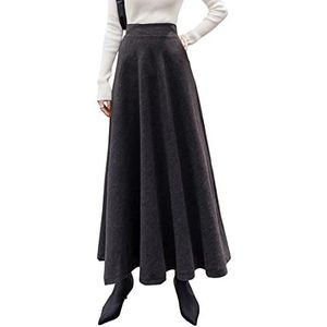 Lange damesrok, winter, warme wollen rok, vintage, elegante rok, casual winterrok, elastische taille, A-lijn, midirok, hoge taille, plooirok, S-3XL, donkergrijs 1, L