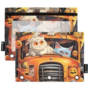 GAIREG Katten op Halloween Truck Rits Pouch voor 3 Ringband Binder Potlood Pouch met Rits 2 Pack