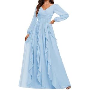 Prinses Bruidsmeisje Jurken Lange Mouw Prom Jurken V-hals Chiffon Formele Avond Party Maxi Jurk ZM208, Hemelsblauw, 32