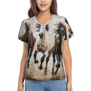 EnkzpoHen Dames Paarden Running Art Print T-shirt, zacht ademend, geschikt voor dagelijks gebruik, reizen, buitenactiviteiten, Zwart, S