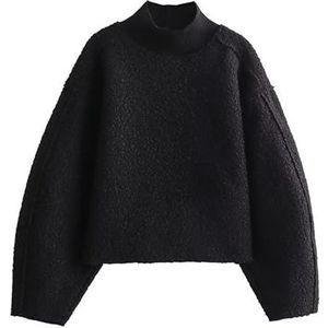 KIKIATA Mode dames casual fleece sweatshirts coltrui omgekeerde naad pullover crop tops herfst winter donzig wollen jas, oversized losse patchwork ronde hals lange mouw poloshirts (zwart, XL)