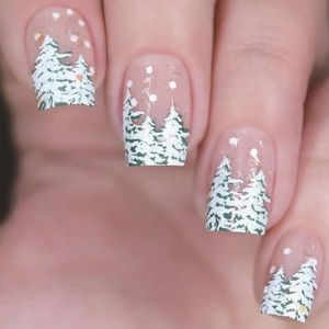24 stuks sneeuwvlok stick on nagels kerstboom volledige covers valse nagels korte vierkante Press-on nagels voor de winter