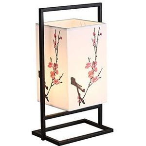 Japanse slaapkamer nachtkastje lamp, moderne Aziatische tafellamp met zwart metalen frame, kubusvormige stoffen schaduw - zacht licht perfect voor nachtkastje, dimmer schakelaar (kleur: pruimenbloem)