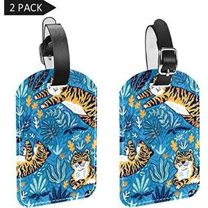 PU lederen bagagelabels naam ID-labels voor reistas bagage koffer met rug Privacy Cover 2 Pack,Blauwe tuin Cartoon oranje tijgers