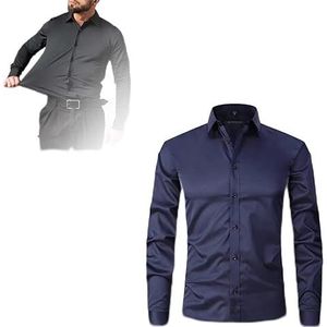 MJUHNHH Stretch anti-rimpel herenoverhemden, effen lange mouwen overhemden voor mannen slim fit strijkvrije sociale zakelijke blouse wit shirt (kleur: marineblauw, maat: XL)