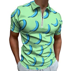 Blauwe bananen op groen poloshirt voor heren, casual T-shirts met ritssluiting en kraag, golftops, slim fit