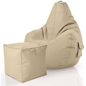 Green Bean© Set van 2 zitzakken + kruk - voorgevuld - duurzaam afwasbaar vlekbestendig - zitzak voor kinderen & volwassenen Vloerkussen Lounge Kruk Ontspannende fauteuil Gamingstoel Poef - Beige