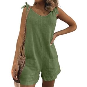 BANGHA Jumpsuits Voor Vrouwen Zomer Casual Effen Kleur Lace Up Casual Strap Jumpsuit Vrouwen Katoen Linnen Rechte Broek Bib Overall Streetwear Losse Shorts Rompers, Groen, XL