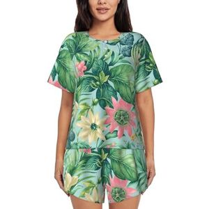 Tropische bloemen en fruit print dames zomer zachte tweedelige bijpassende outfits korte mouw pyjama lounge pyjama sets, Zwart, XL