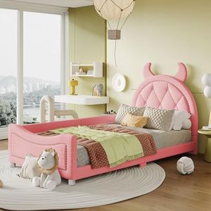 Aunvla Kinderbed, gestoffeerd bed, 90 x 200 cm, slaapbank, bedframe, teddystof, multifunctioneel, zacht bed met rugleuning, jeugdbed, logeerbed, roze