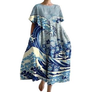 Blauwe golven en katten print jurk, korte mouwen ronde hals patriottische casual jurk for vrouwen(S)