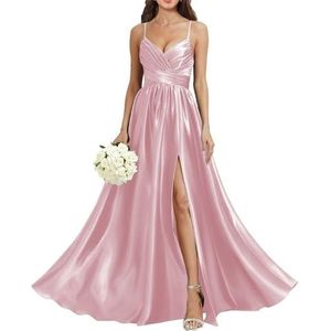 HPPEE Satijnen bruidsmeisjesjurk met V-hals, voor bruiloft, spaghettibandjes, galajurk, lange baljurk, roze, 32