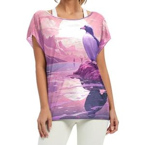 Lwatercolor Paarse pinguïn artwork dames korte vleermuismouwen shirt ronde hals T-shirts losse tops voor meisjes, Patroon, XXL