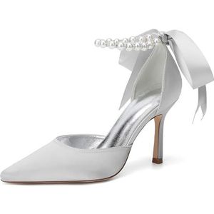 KYEGLO Dames Satijnen Sandalen Met Gesloten Teen En Bandjes, Puntige Teen, Hoge Hakken Met Parelbandje Om De Enkel, Sexy Schoenen, Perfect Voor Bruiloften,Zilver,36