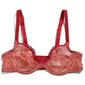 Vrouwen Mesh Sexy BH Dot Kant Bralette Ultra Dunne Ongevoerd Draad Bone Doorzien Gaas Elastische Plus Size A-F Cups, Rood, A